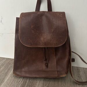 L.L Bean Brown Leather Backpack Drawstring Top Inside Zip Pocket
